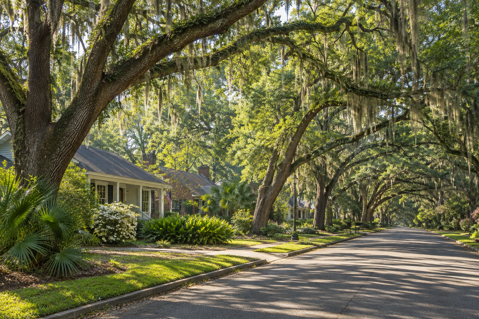 A Tallahassee neighborhood beneath mature live oak trees