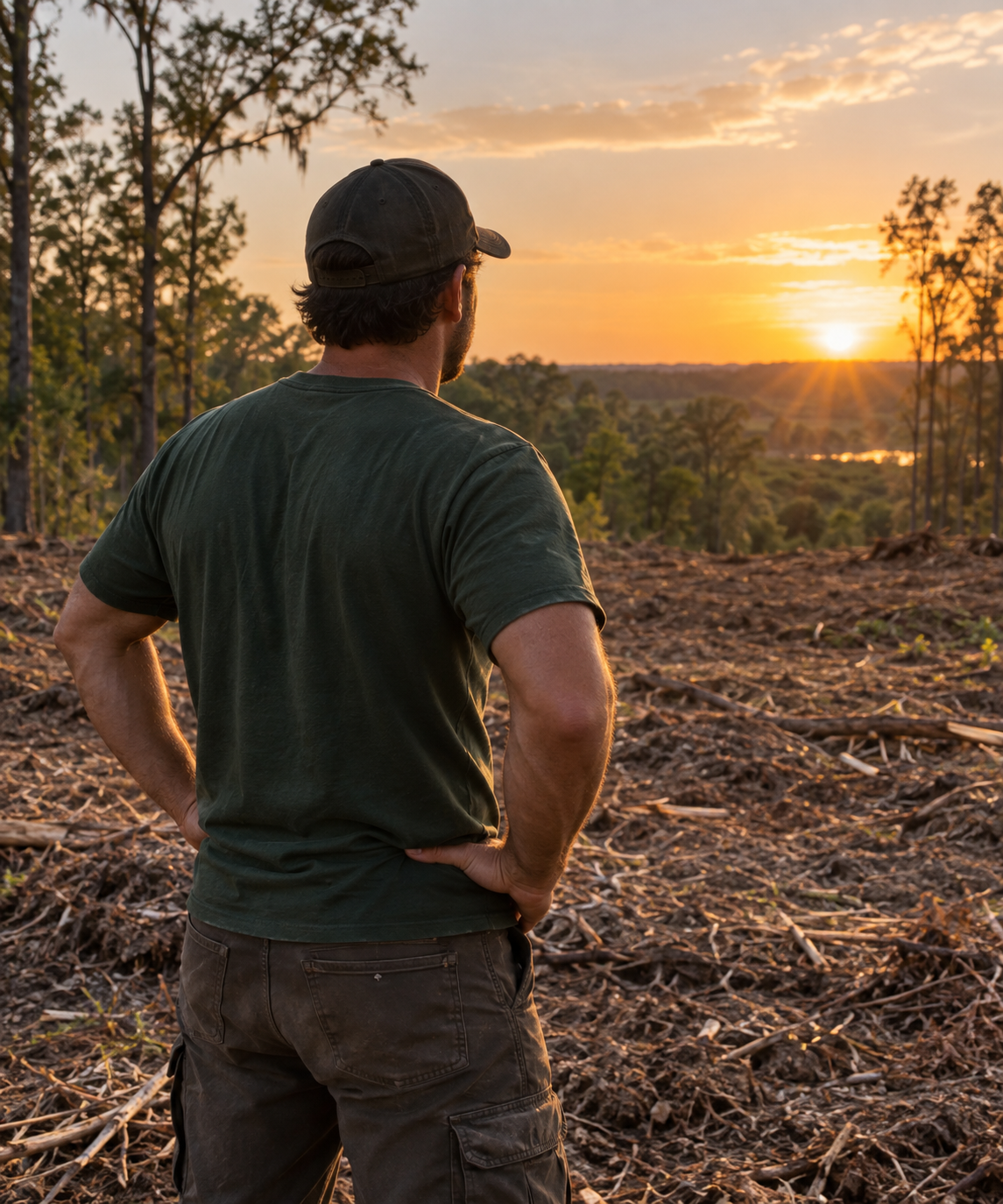 Local tree service professional looking across a completed clearing project