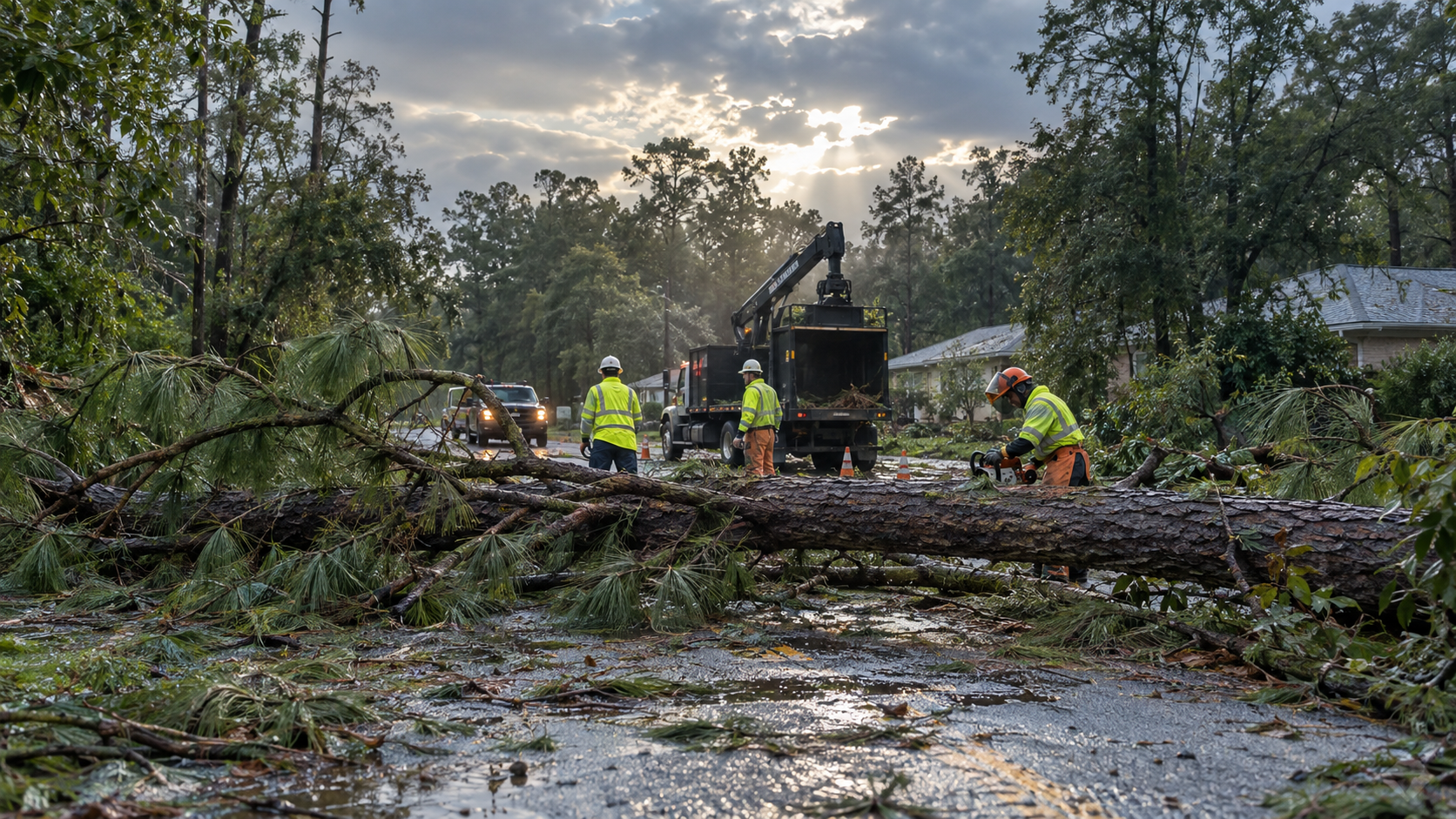 Emergency crew responding to storm-damaged trees in North Florida