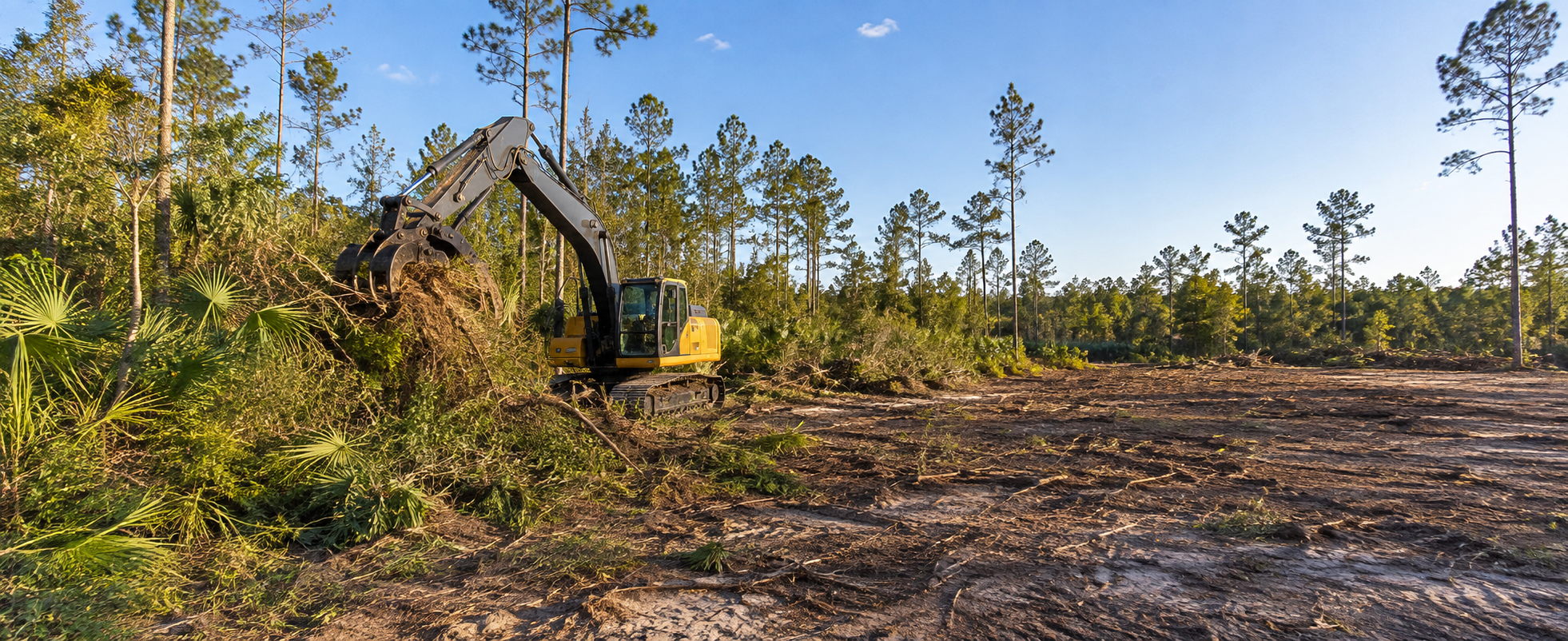 Tracked excavator clearing a North Florida property