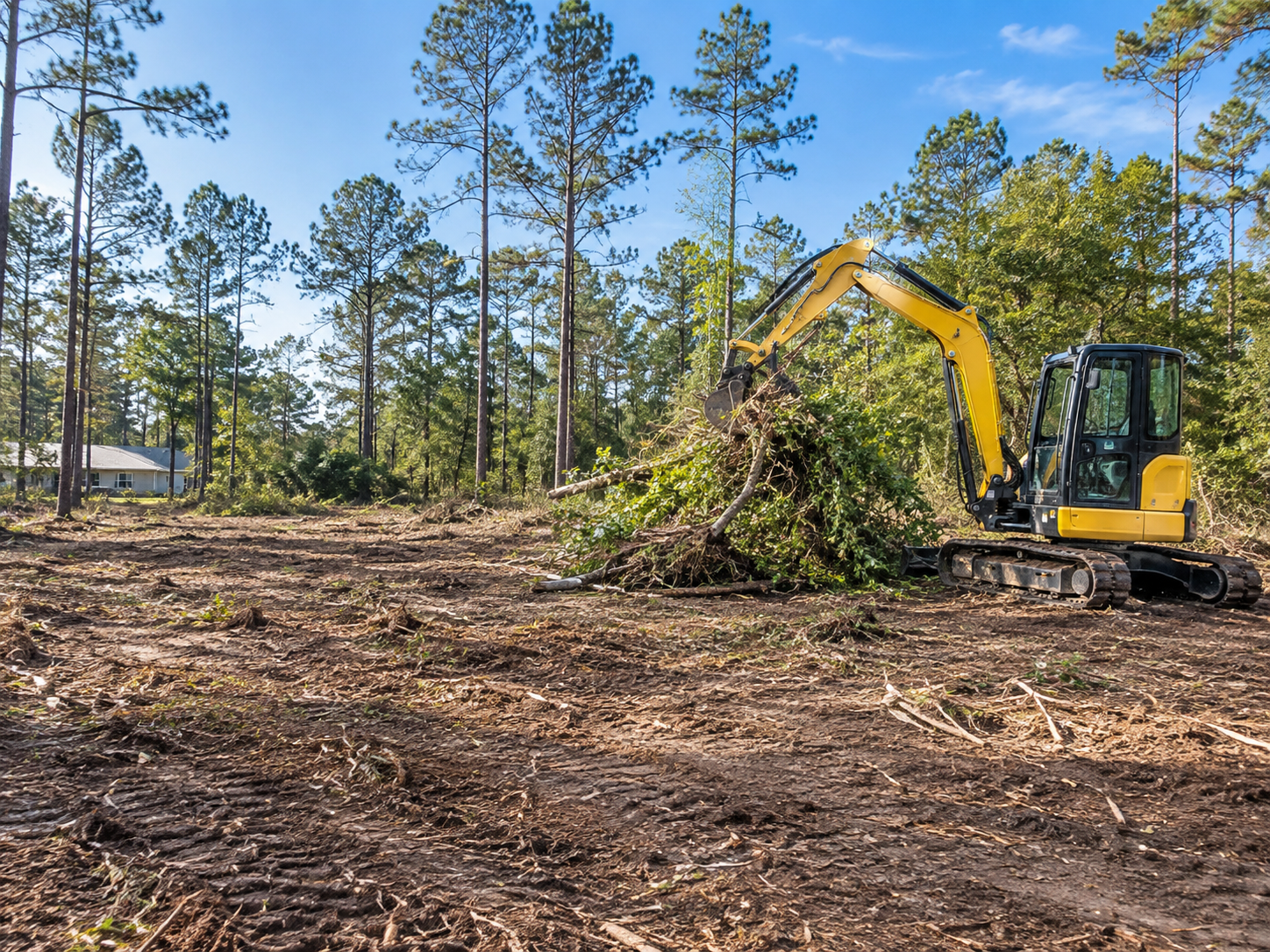 Excavator clearing a wooded property