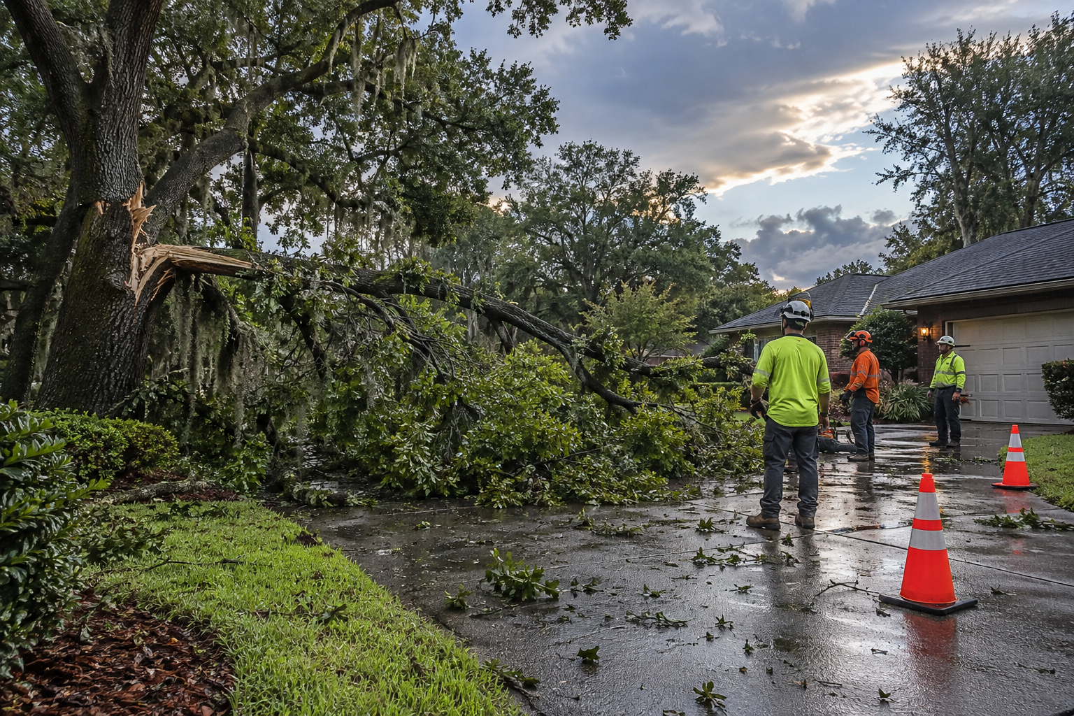 Storm-damaged tree being assessed for emergency service