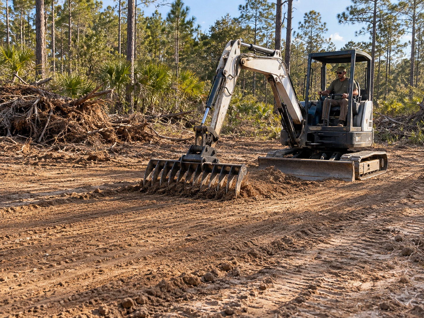 Excavator grading and preparing a North Florida property