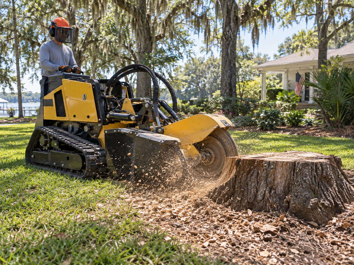 Stump grinding equipment at work on a residential property