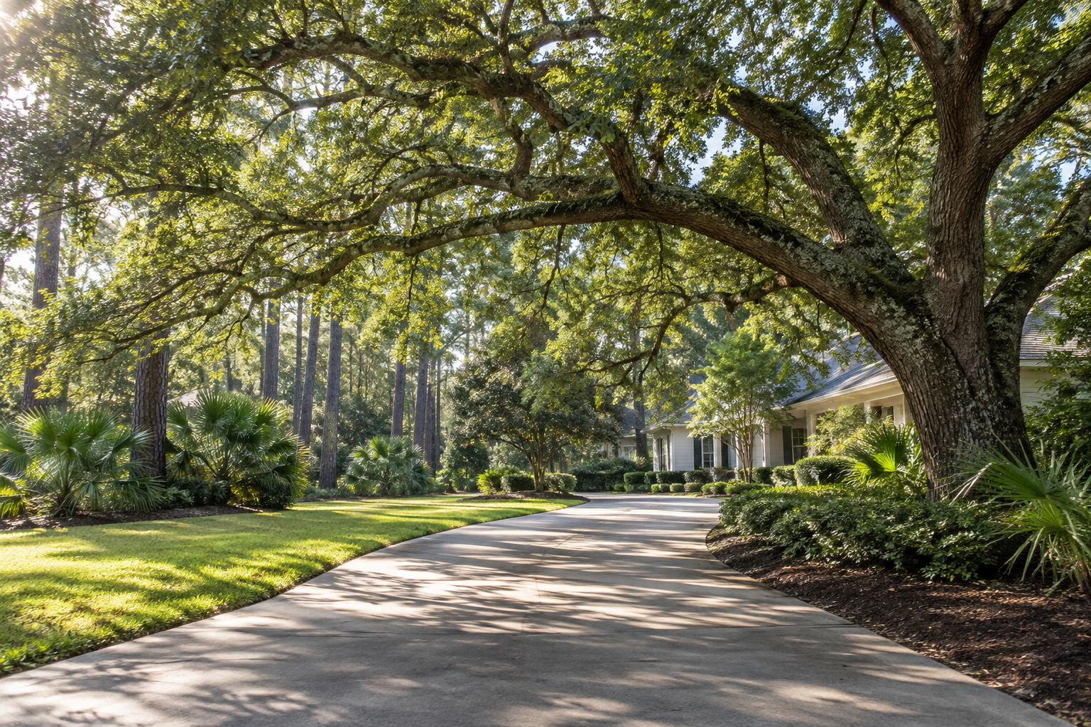 Professionally maintained live oak canopy over a North Florida driveway