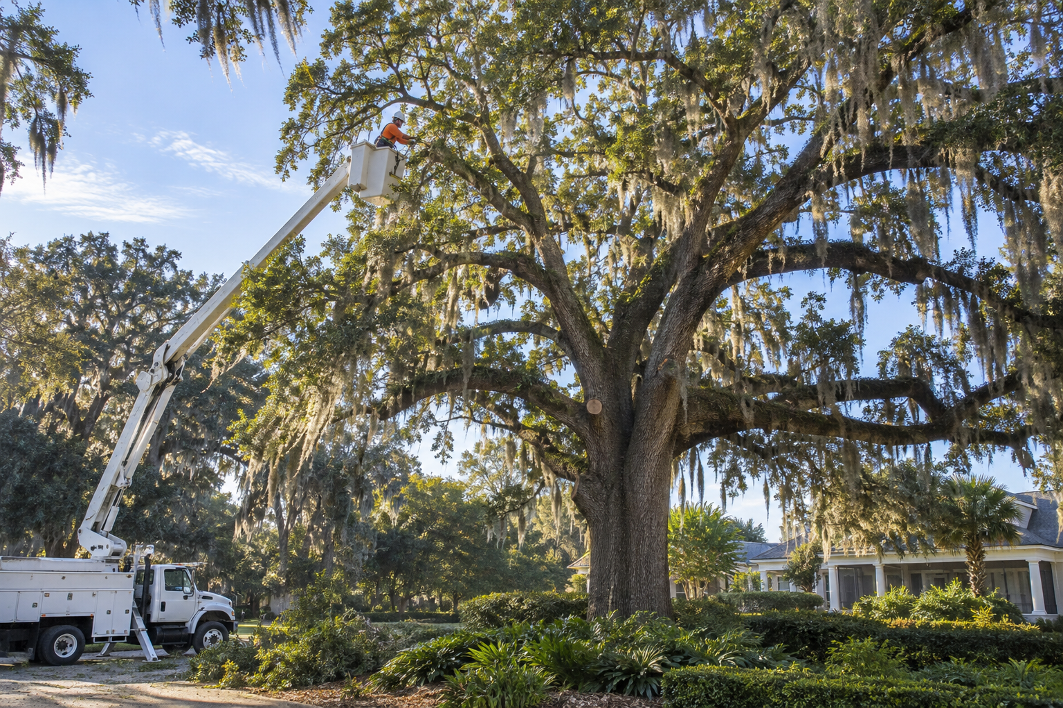 Professional arborist trimming a mature live oak tree