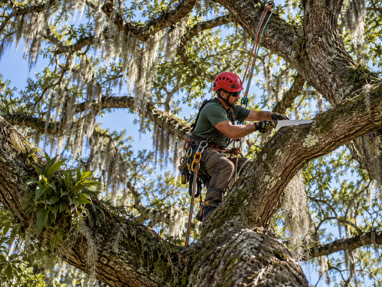 Arborist trimming a mature live oak